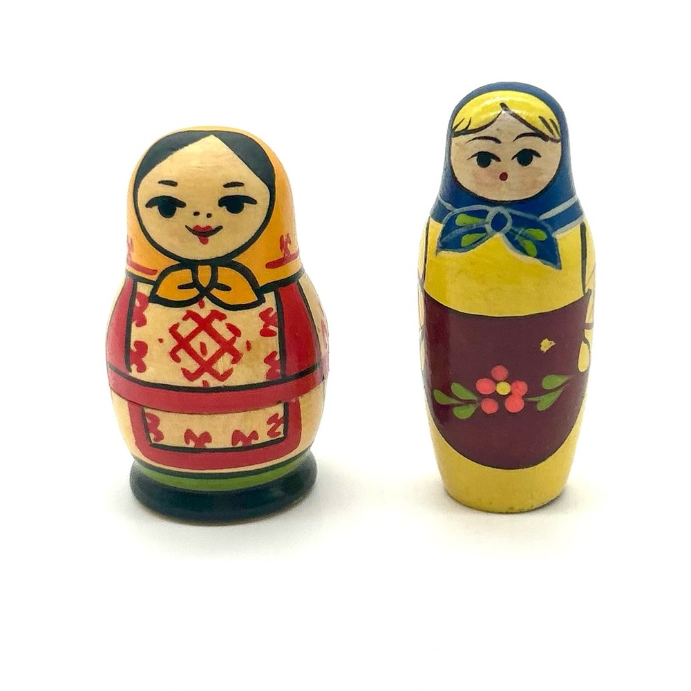 Vtg Nesting Doll & Fingar Puppet Hand Painted Matryoshka USSR Wooden Miniature